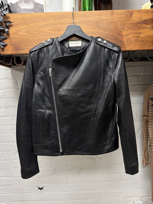 SS2014 Saint Laurent ‘Ponyhair Interior’ Black Calfskin Leather Biker Jacket