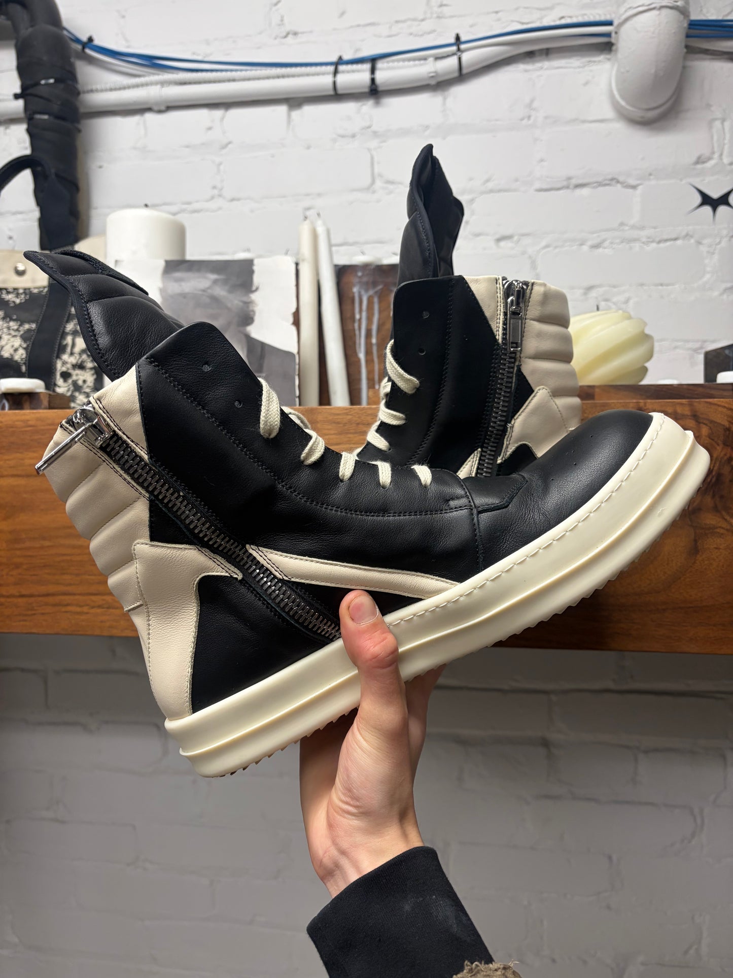 Rick Owens ‘Geobasket’ Black/Milk Leather High Top Sneakers