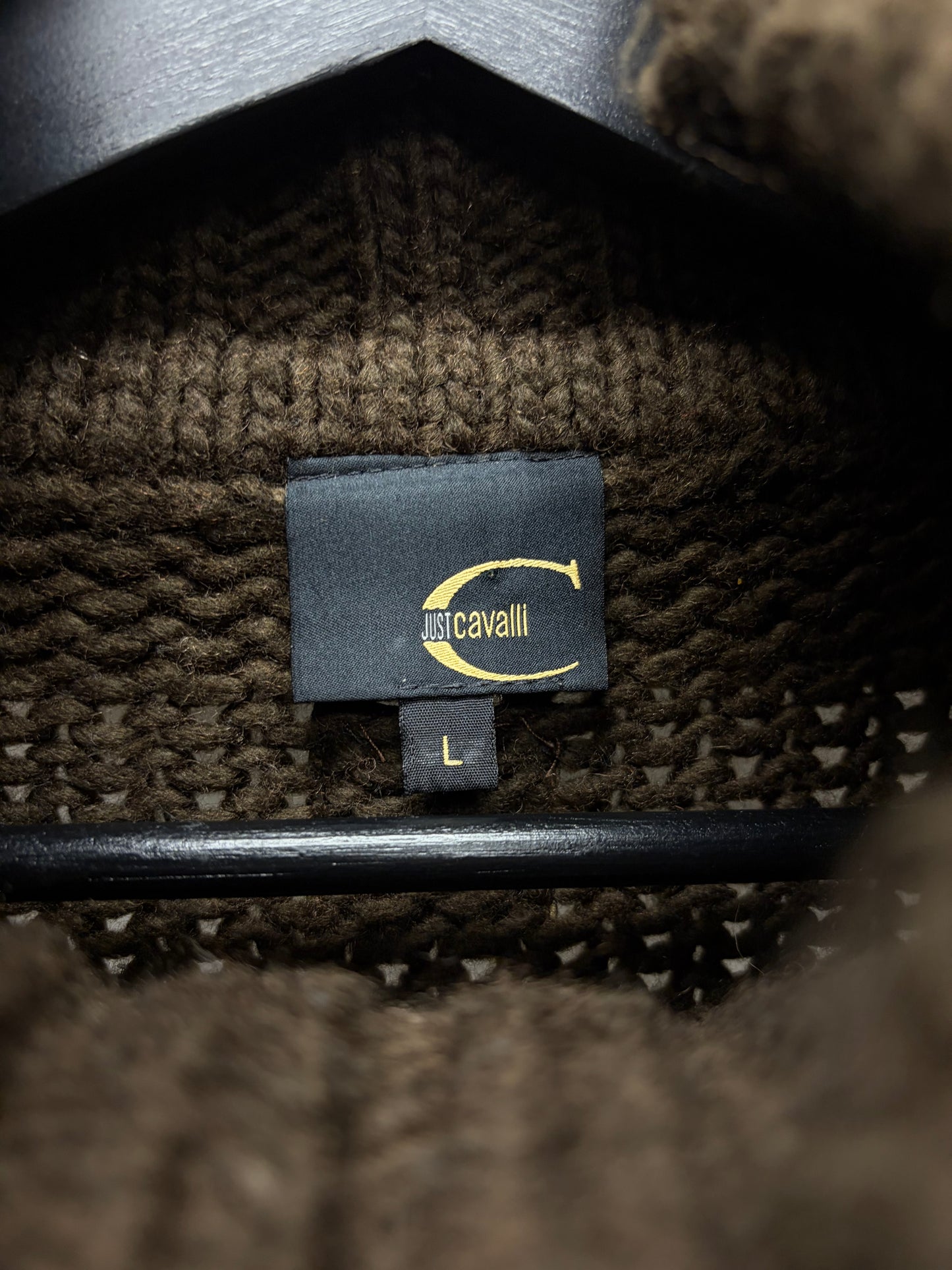 2000s Roberto Cavalli Brown Wool Knit Sweater with White Contrast Stitching