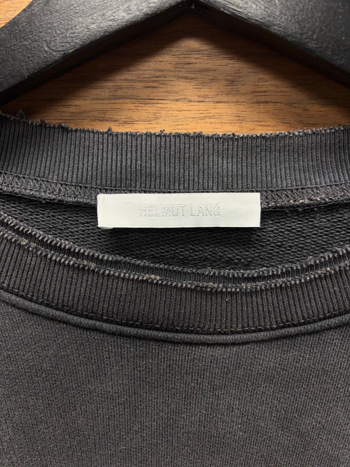 Helmut Lang Charcoal Grey ‘Raw Hem’ Sweatshirt with Leather Patch