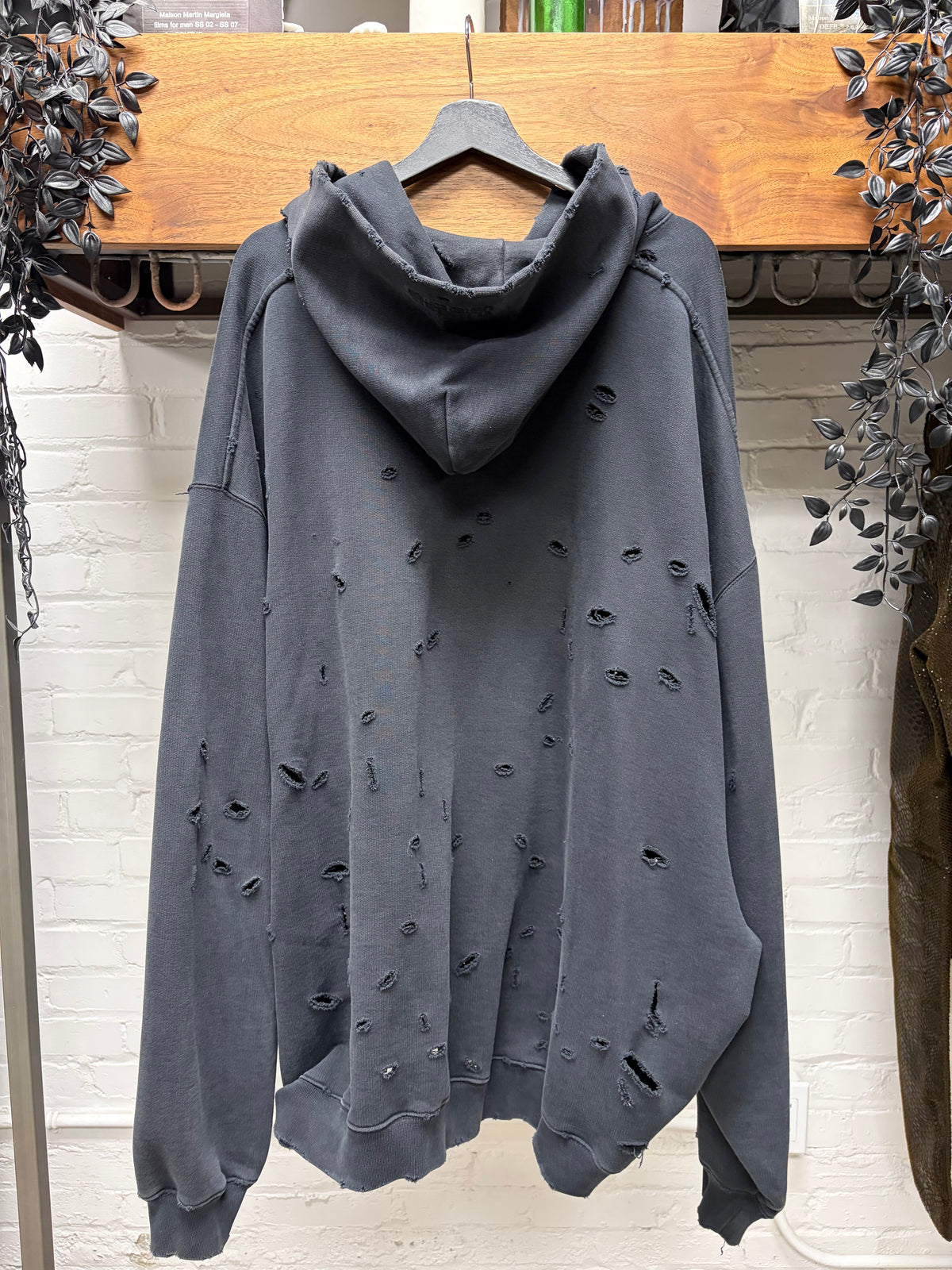 Vetements ‘Hood Embroidered’ Black Thrash Distressed Heavy Cotton Zip-Up Hoodie