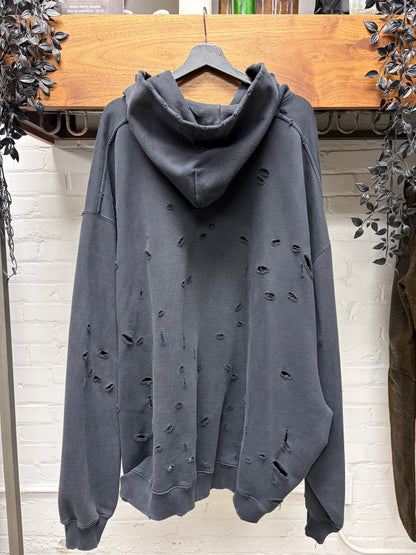 Vetements ‘Hood Embroidered’ Black Thrash Distressed Heavy Cotton Zip-Up Hoodie