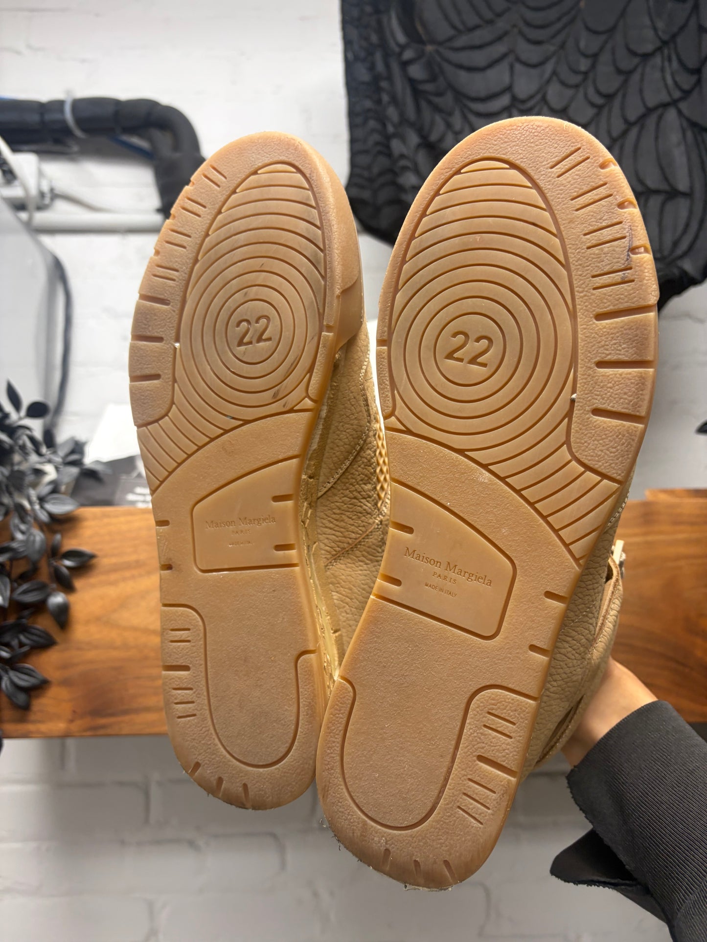 Maison Margiela ‘DDSTK’ Tan Brown Leather High Top Sneakers