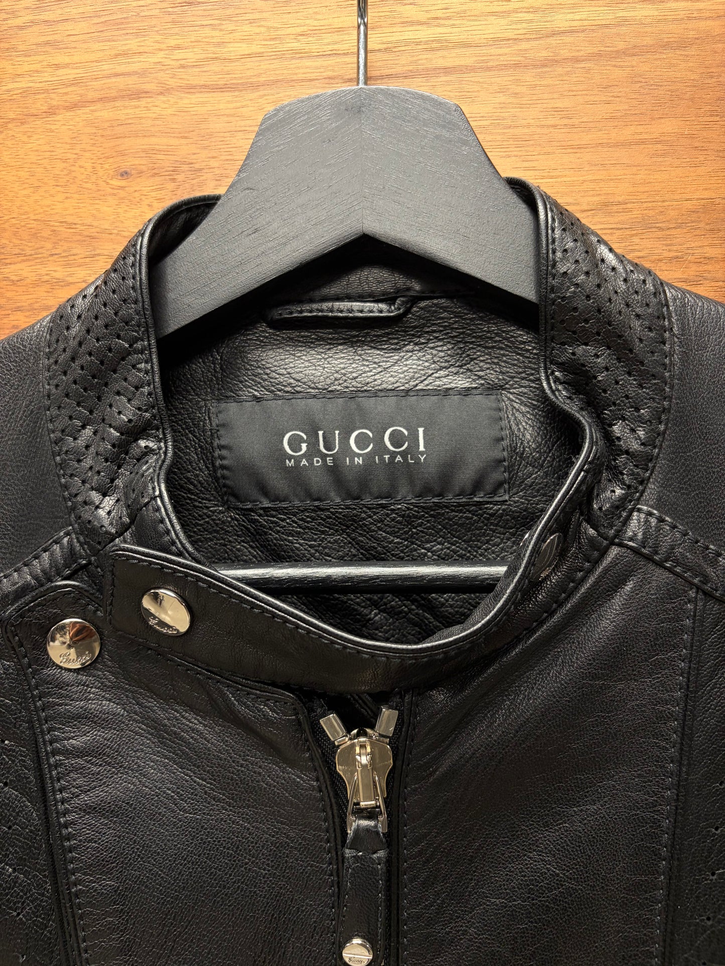 Mid 2000s Gucci by Frida Giannini Perforated Leather Biker Jacket