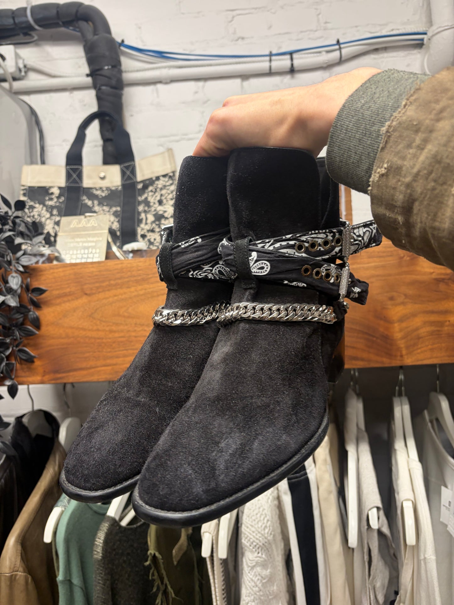 Amiri Bandanna ‘Chain Link’ Black Suede Western Boots