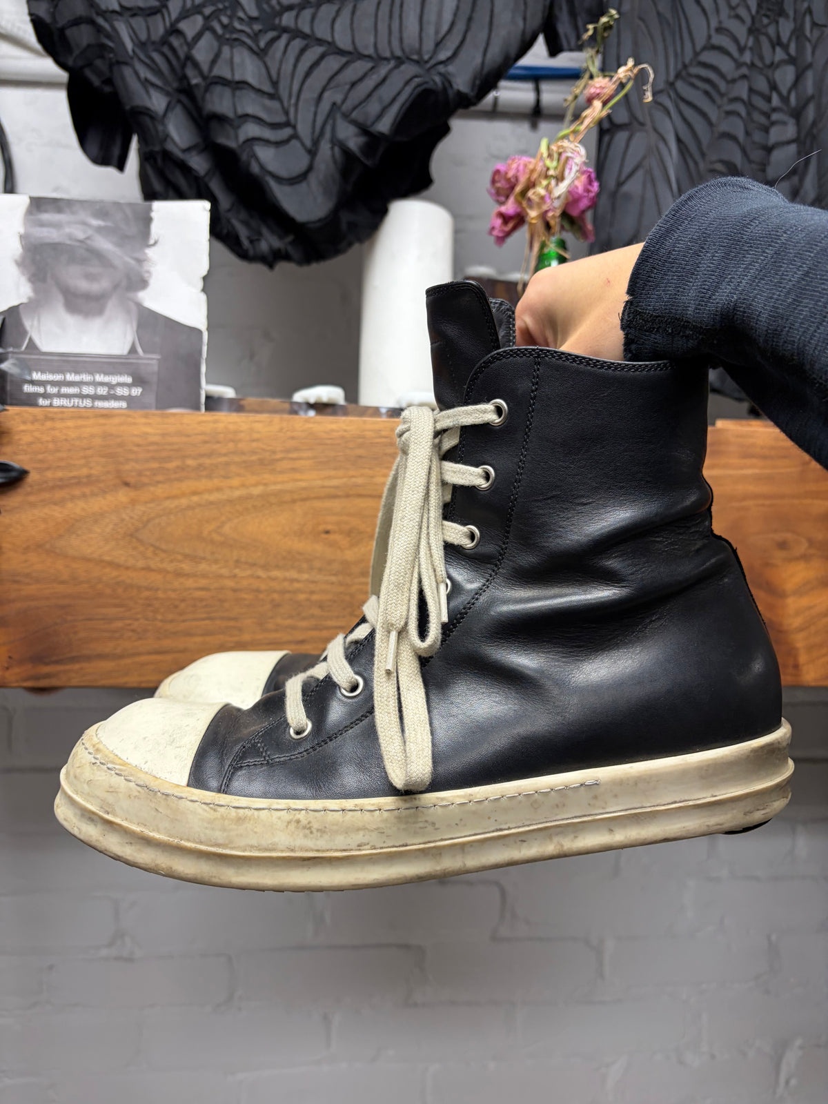Rick Owens Mainline Black Leather ‘Ramones’ High Top Sneakers