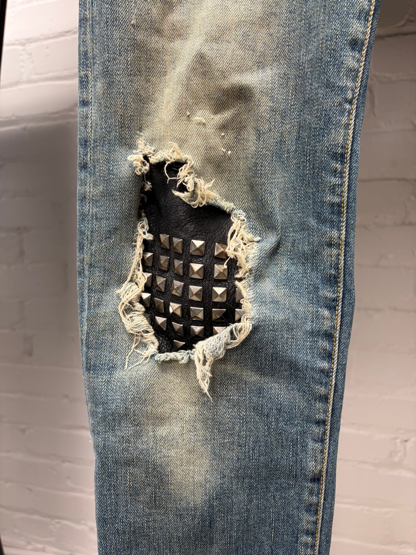 Saint Laurent by Hedi Slimane Studded Leather ‘D02’ Biker Knee Dirt Wash Denim