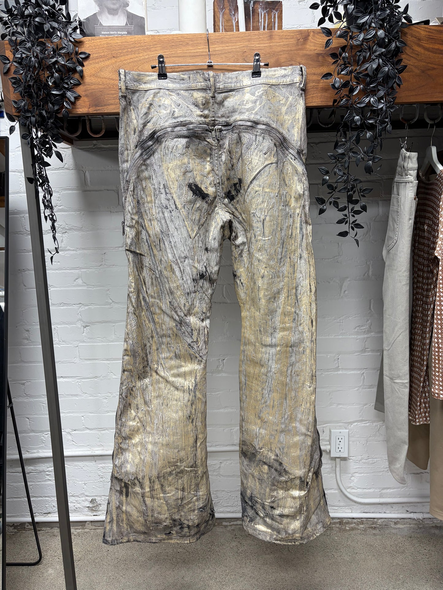 SS2025 Rick Owens ‘Hollywood’ Gold Embellished ‘Banana Cut’ Flared Leg Denim