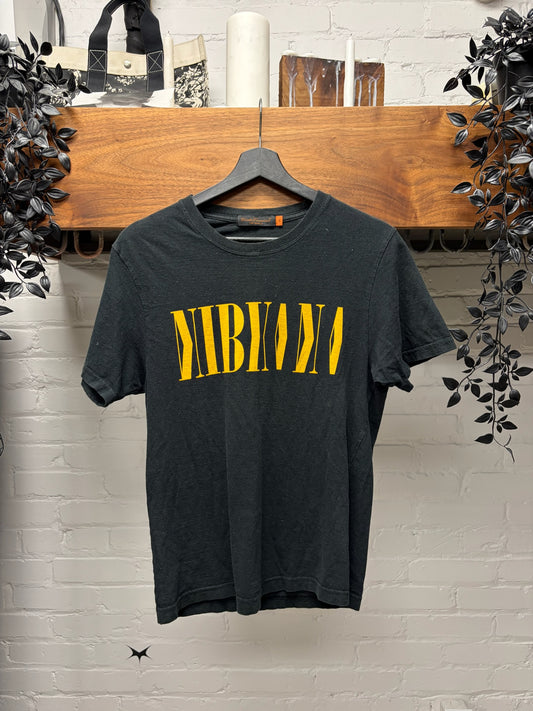 2000s Undercover ‘Nirvana’ Mirrored Logo Faded Black Graphic T-Shirt