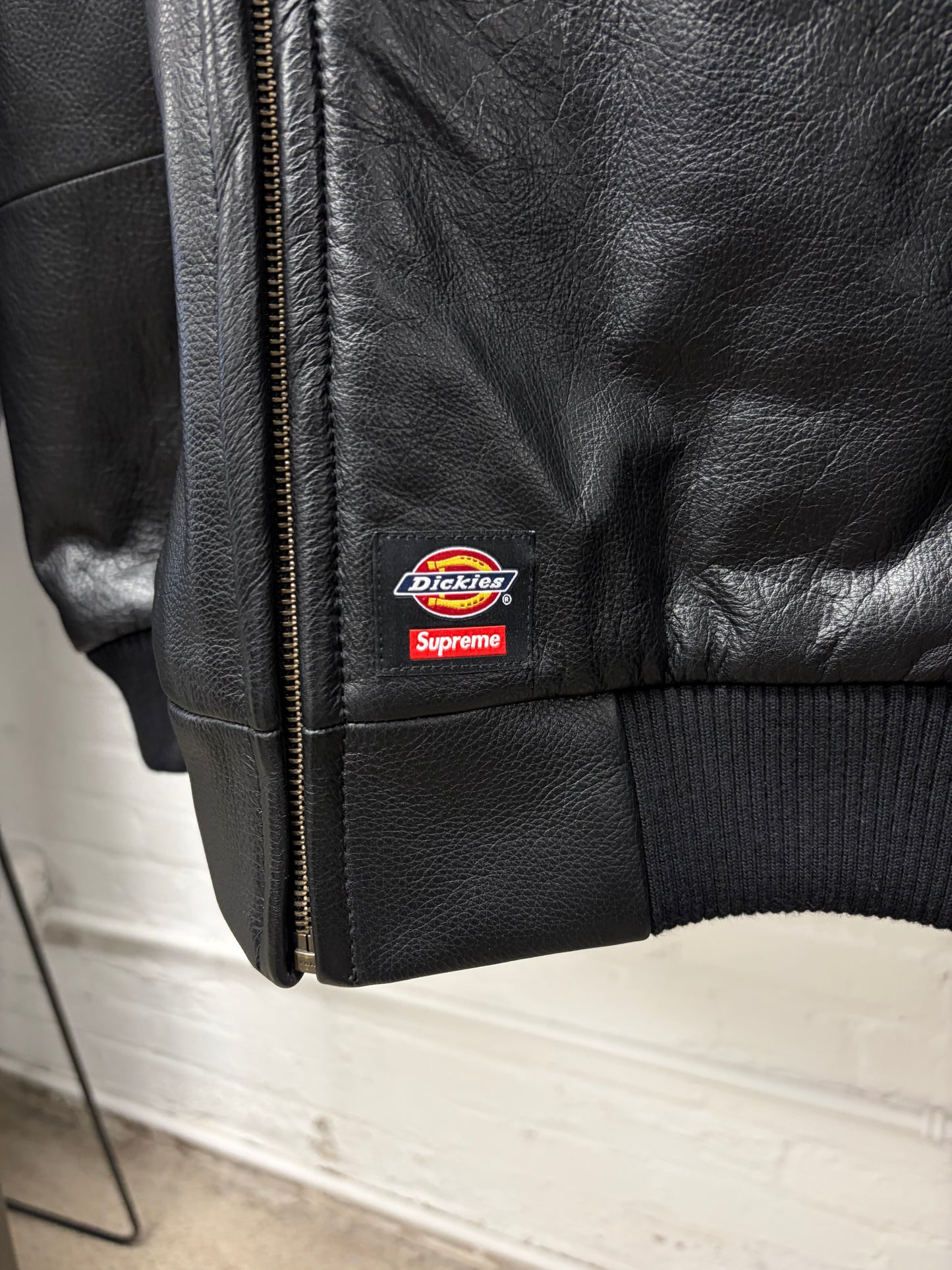 AW2024 Supreme x Dickies Black Leather Hooded Work Bomber Jacket