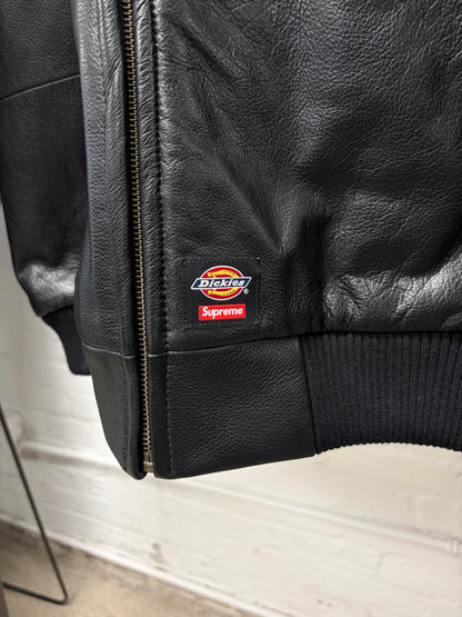 AW2024 Supreme x Dickies Black Leather Hooded Work Bomber Jacket
