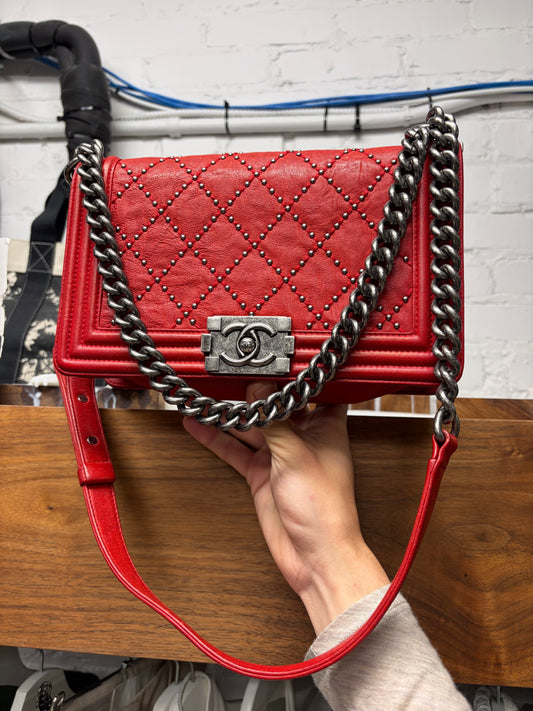 Chanel ‘Studded’ Red Quilted Leather Medium Boy Bag with Chain Crossbody Strap