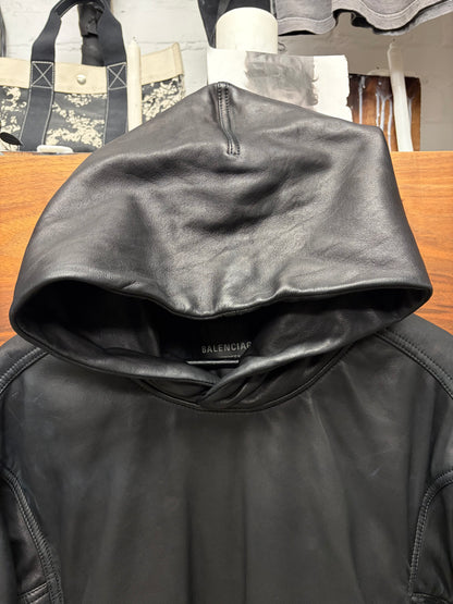 AW2022 Balenciaga Black Lambskin Leather Oversized Hoodie