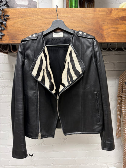 AW2013 Saint Laurent ‘Ponyhair Interior’ Black Mens Calfskin Leather Biker Jacket