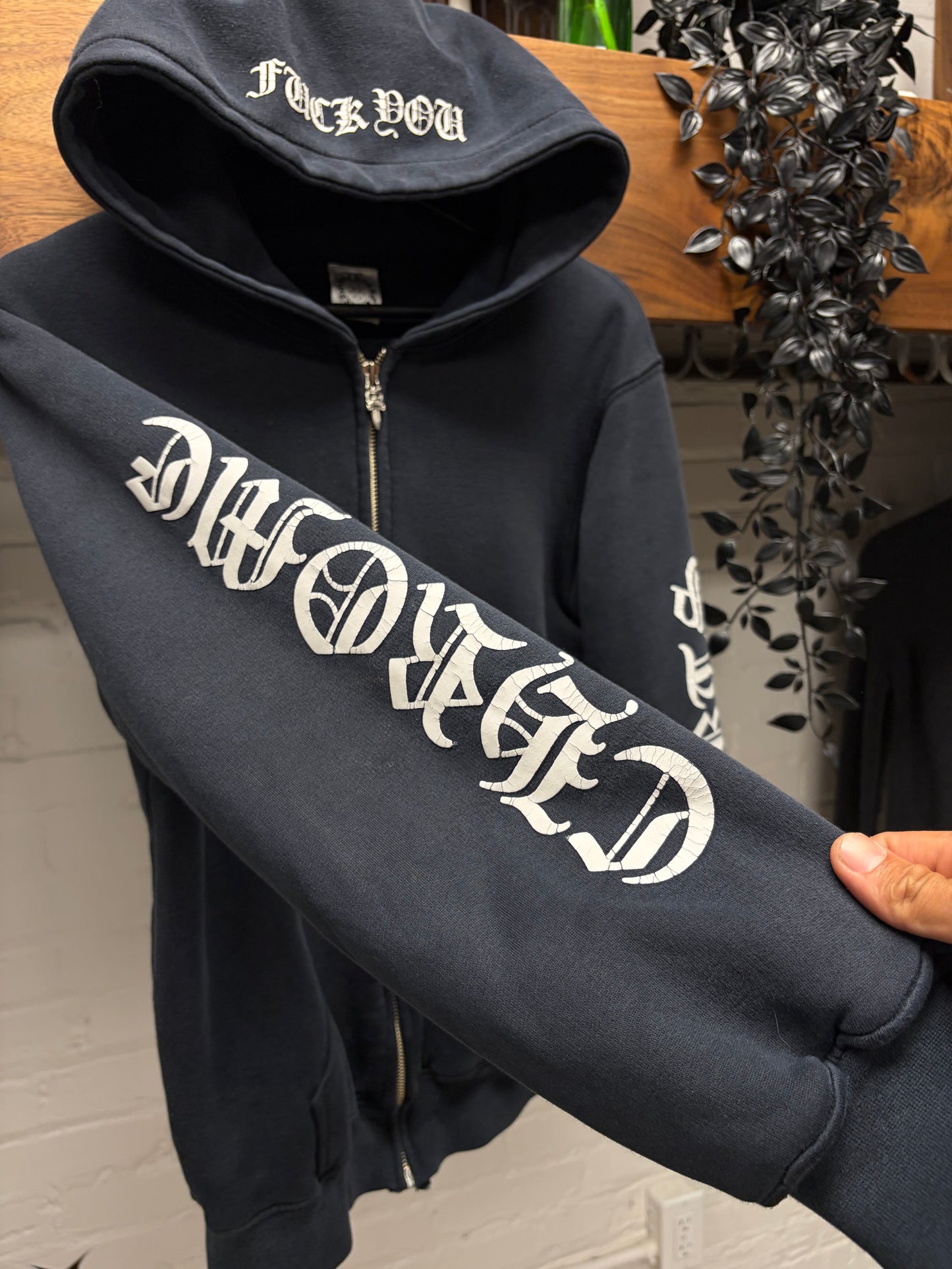 Vintage Chrome Hearts ‘Fuck You’ Thermal Lined Black Zip-Up Hoodie