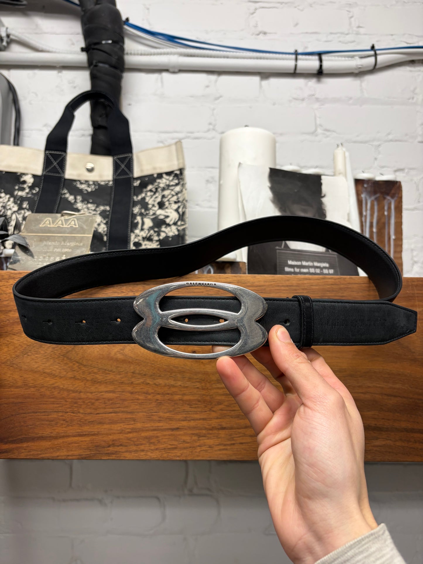 Balenciaga ‘Unity Logo’ Black Leather Belt with Silver Buckle