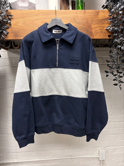 Miu Miu Quarter Zip Grey/Navy Blue ‘Rugby’ Striped 1/4 Zip Sweatshirt