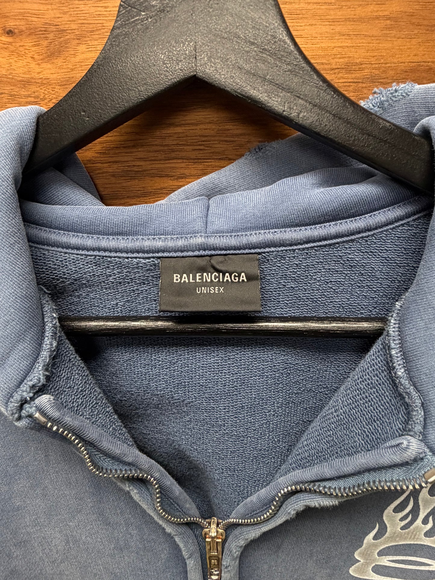 SS2024 Balenciaga ‘Unity Flame’ Blue Zip Up Distressed Cotton Hoodie