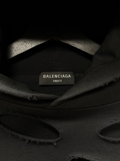 2021 Balenciaga Thrash Distressed Black Heavy Terry Cotton Pullover Hoodie