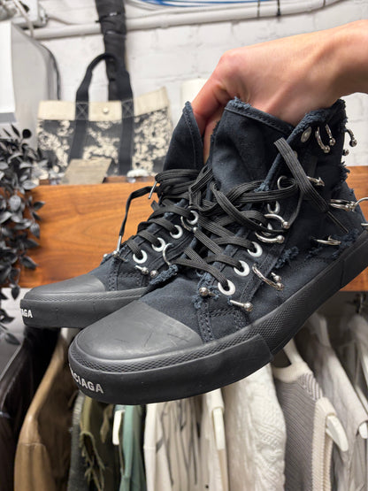Balenciaga ‘Paris’ Pierced Black Canvas High Top Sneakers