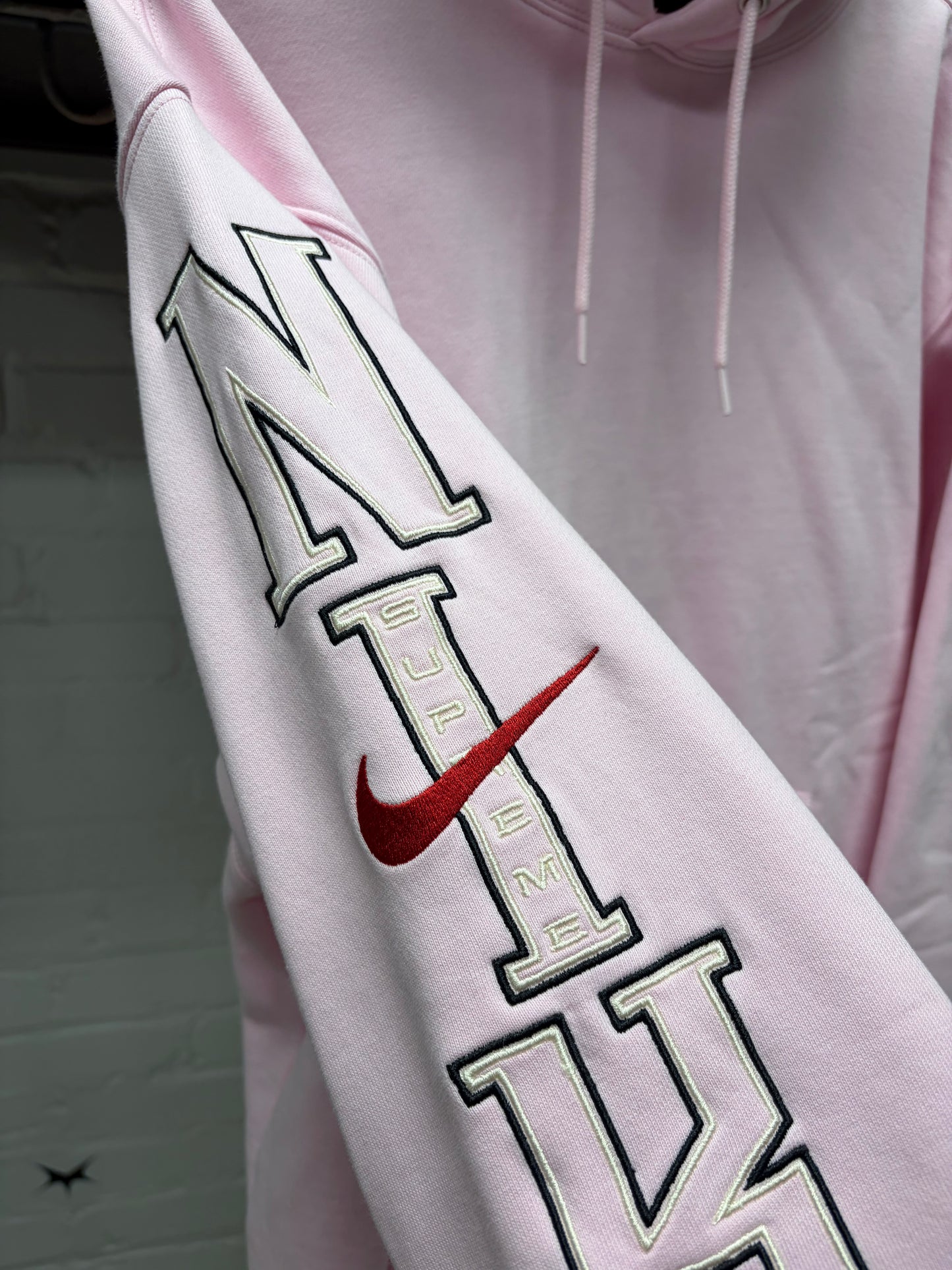 SS2024 Supreme x Nike Pink Embroidered Sleeve Logo Pullover Hoodie