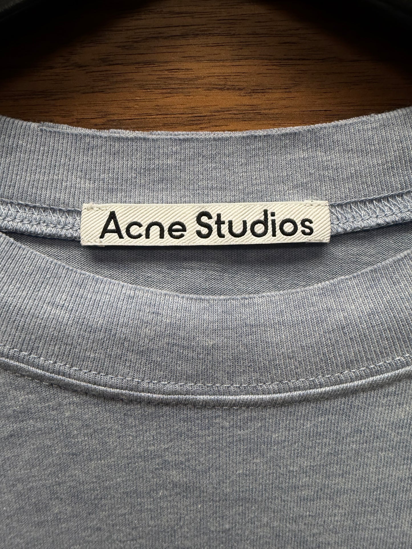 Acne Studios ‘Button Logo’ Distressed Blue Cotton Short Sleeve T-Shirt