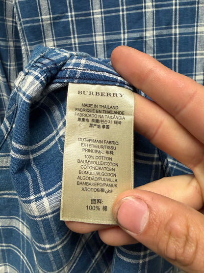 Burberry White/Blue Plaid Button Up Shirt with Leather Tab