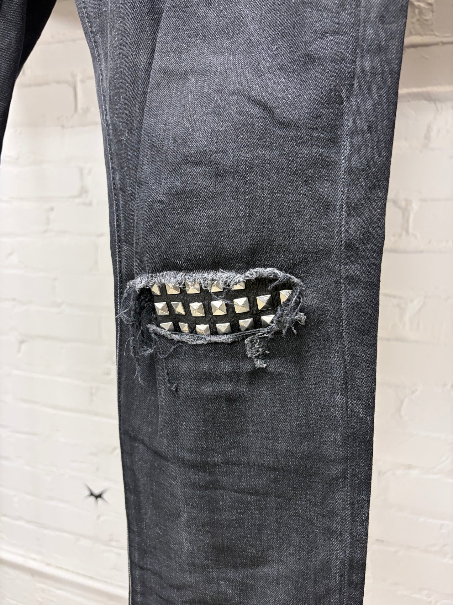 2016 Saint Laurent by Hedi Slimane Studded Leather Patch ‘D02’ Black Biker Skinny Jeans
