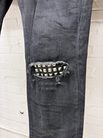 2016 Saint Laurent by Hedi Slimane Studded Leather Patch ‘D02’ Black Biker Skinny Jeans