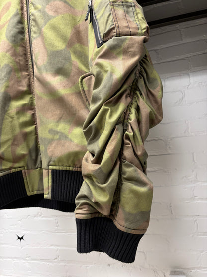 Marni ‘Dusted Olive’ Ruched Sleeve MA-1 Camo Hooded Bomber Jacket