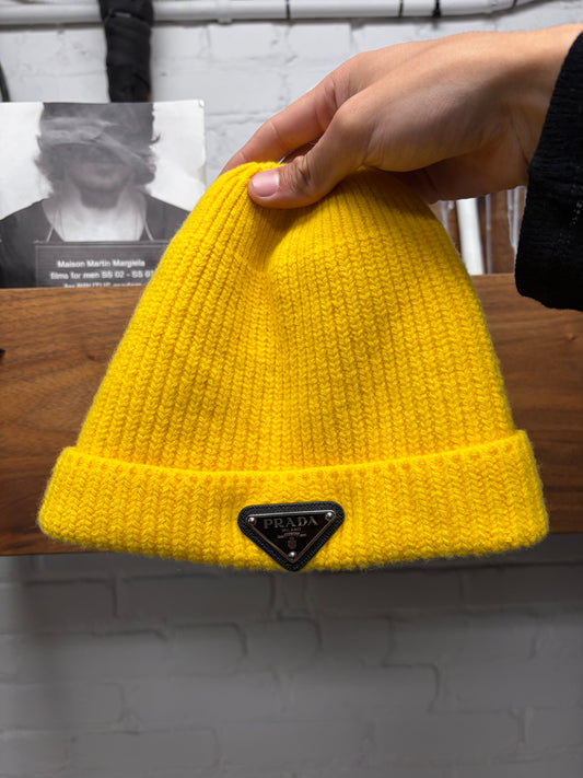 Prada Wool/Cashmere Blend Yellow Ribbed Knit Beanie