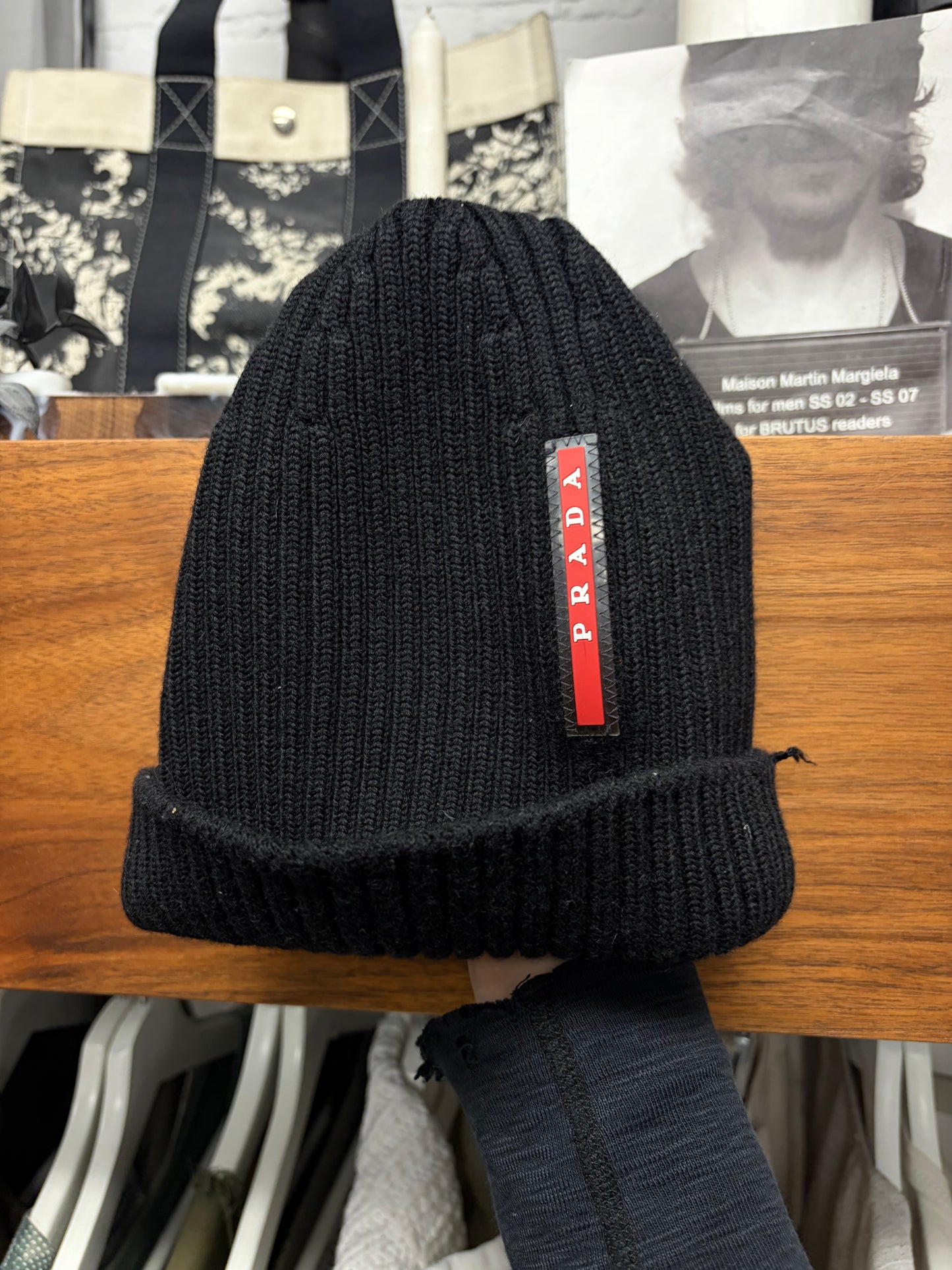 Prada ‘Sport Logo’ Black Ribbed Wool Beanie