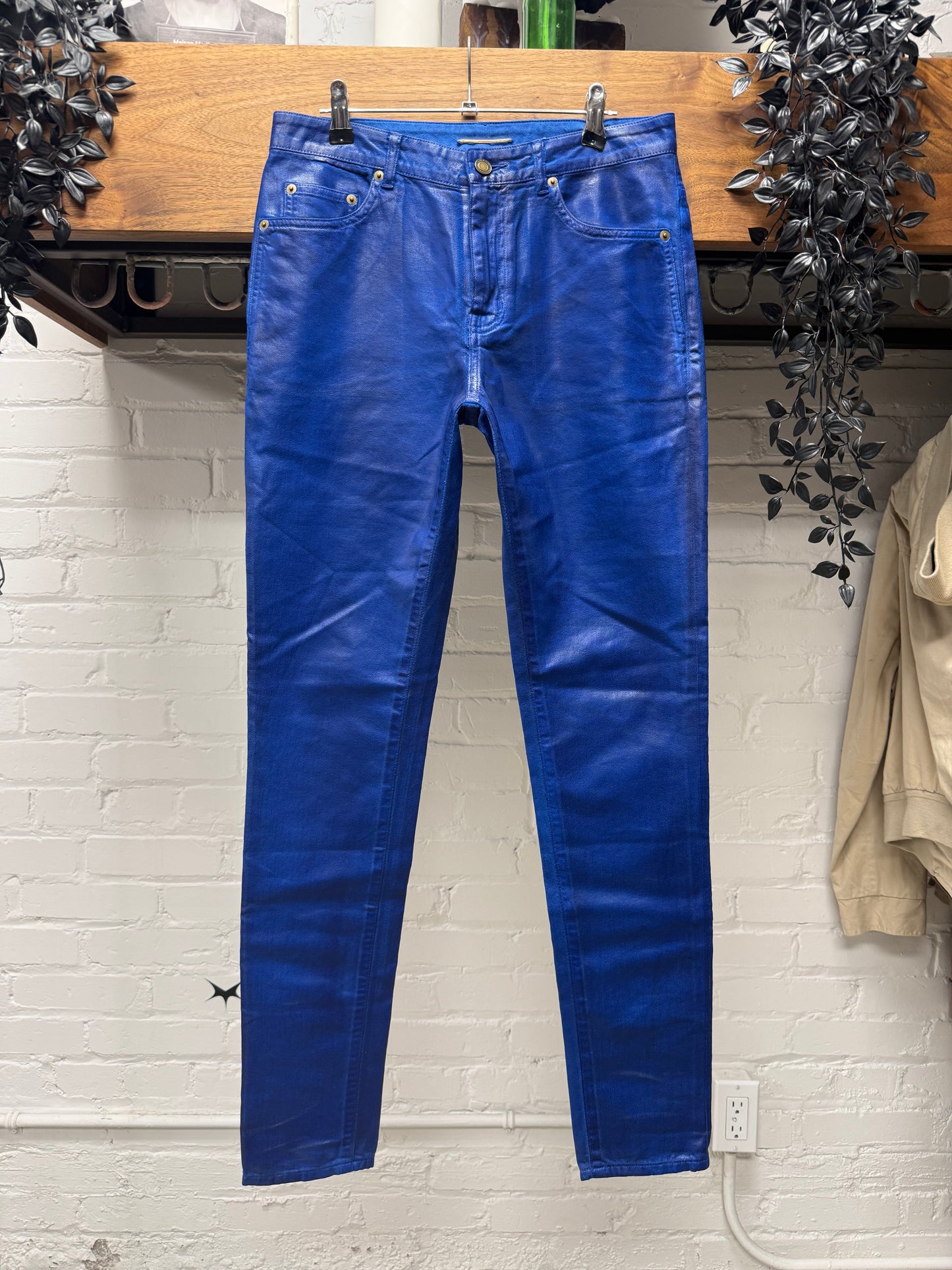 2020 Saint Laurent ‘D05’ Waxed Blue Skinny Jeans