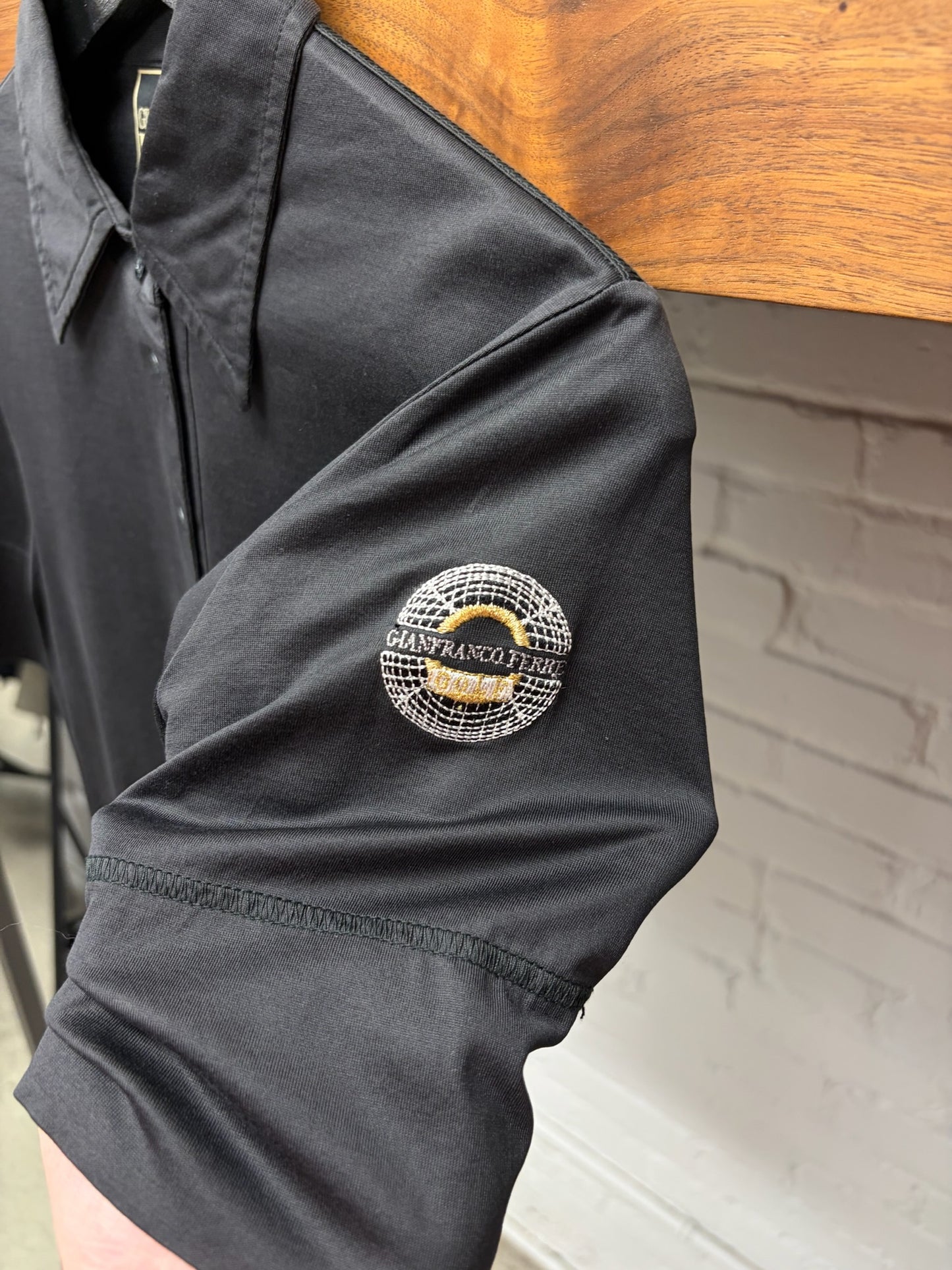Gianfranco Ferre ‘Badge Logo’ Black Cotton Slim Cut Polo