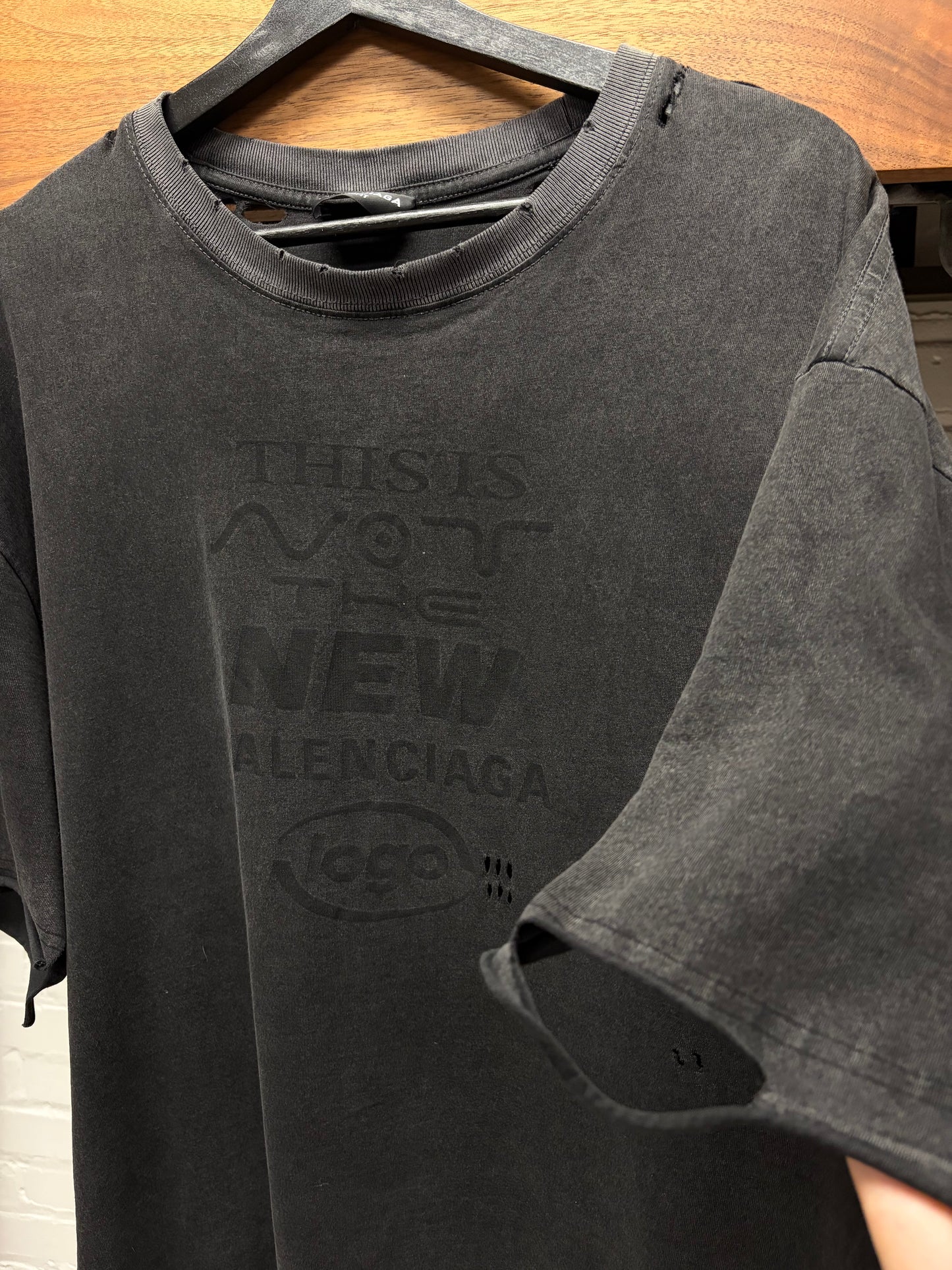 2020 Balenciaga ‘This Is Not’ Thrash Distressed Black Oversized T-Shirt