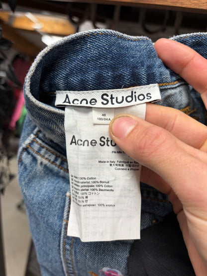 Acne Studios Embellished Blue Flared Leg Button Fly Denim