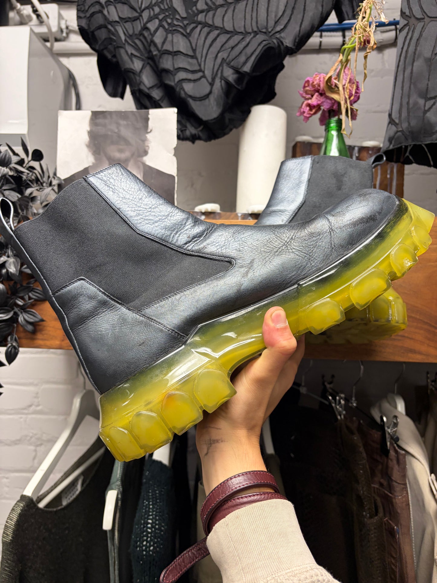 SS2019 Rick Owens ‘Babel’ Beatle Black Leather/Clear Sole Tractor Boots