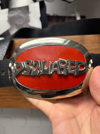 2000s Dsquared2 Red/Silver Large Buckle Genuine Leather Belt