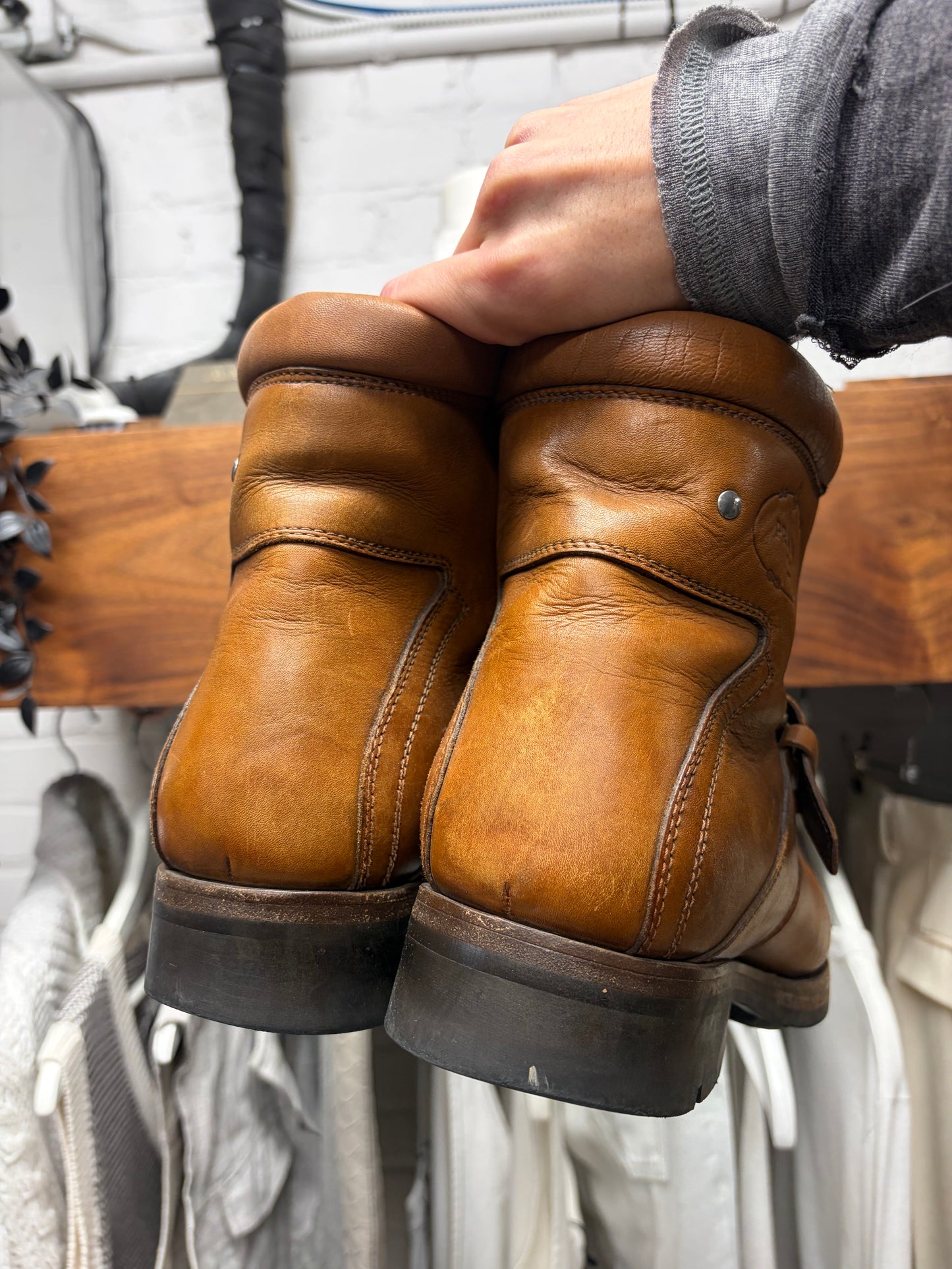 Vintage Prada Leather Strap Closure Brown Hiking Boots