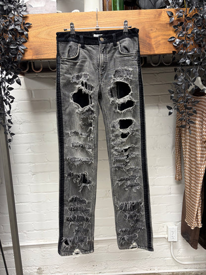 AW2002 Undercover ‘Witches Cell Division’ Crash Distressed Black Velvet Side Seam Denim