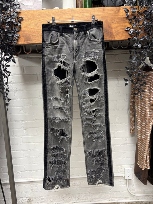 AW2002 Undercover ‘Witches Cell Division’ Crash Distressed Black Velvet Side Seam Denim