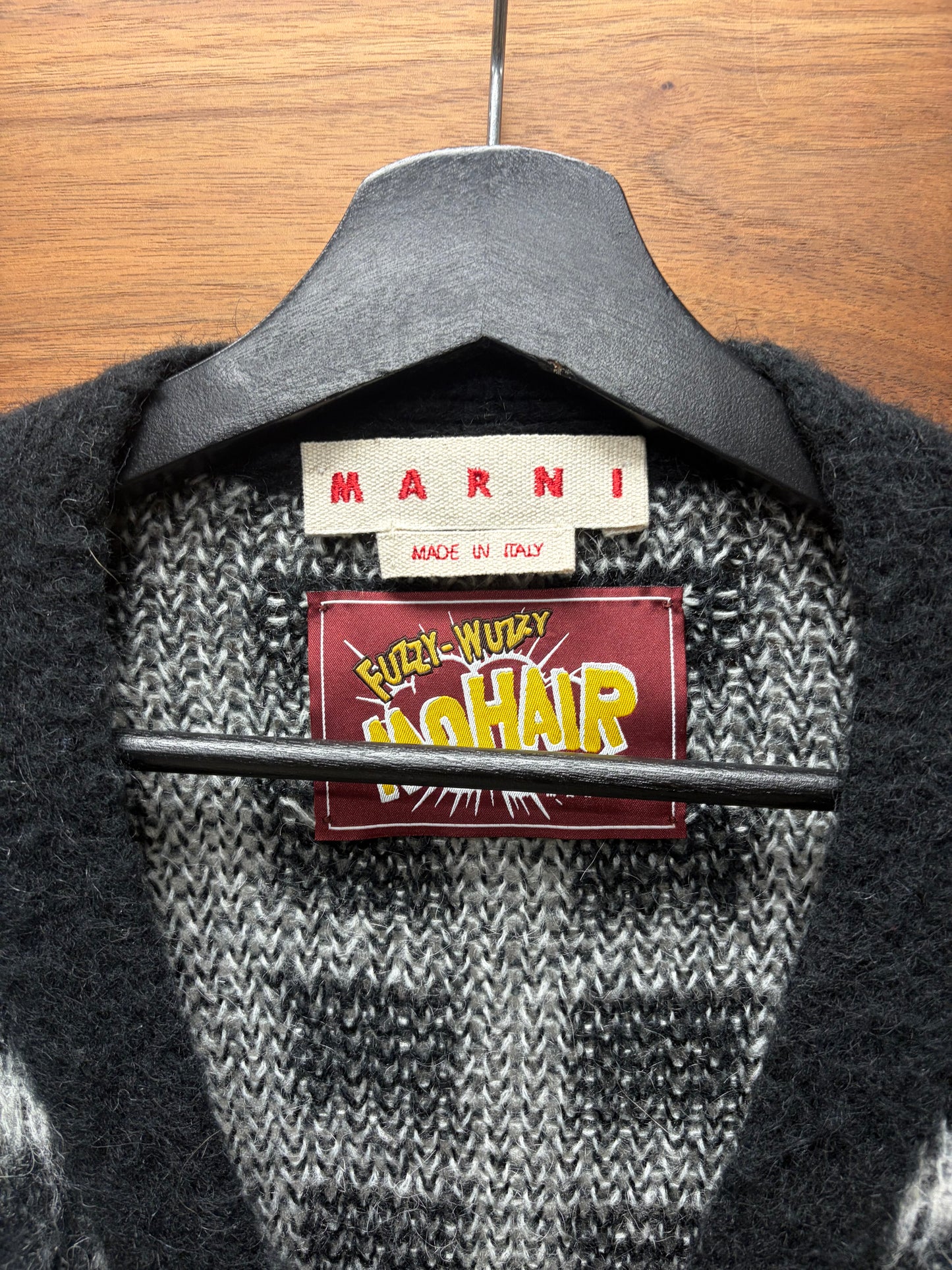 Marni Black/White Plaid Mohair Shag Cardigan