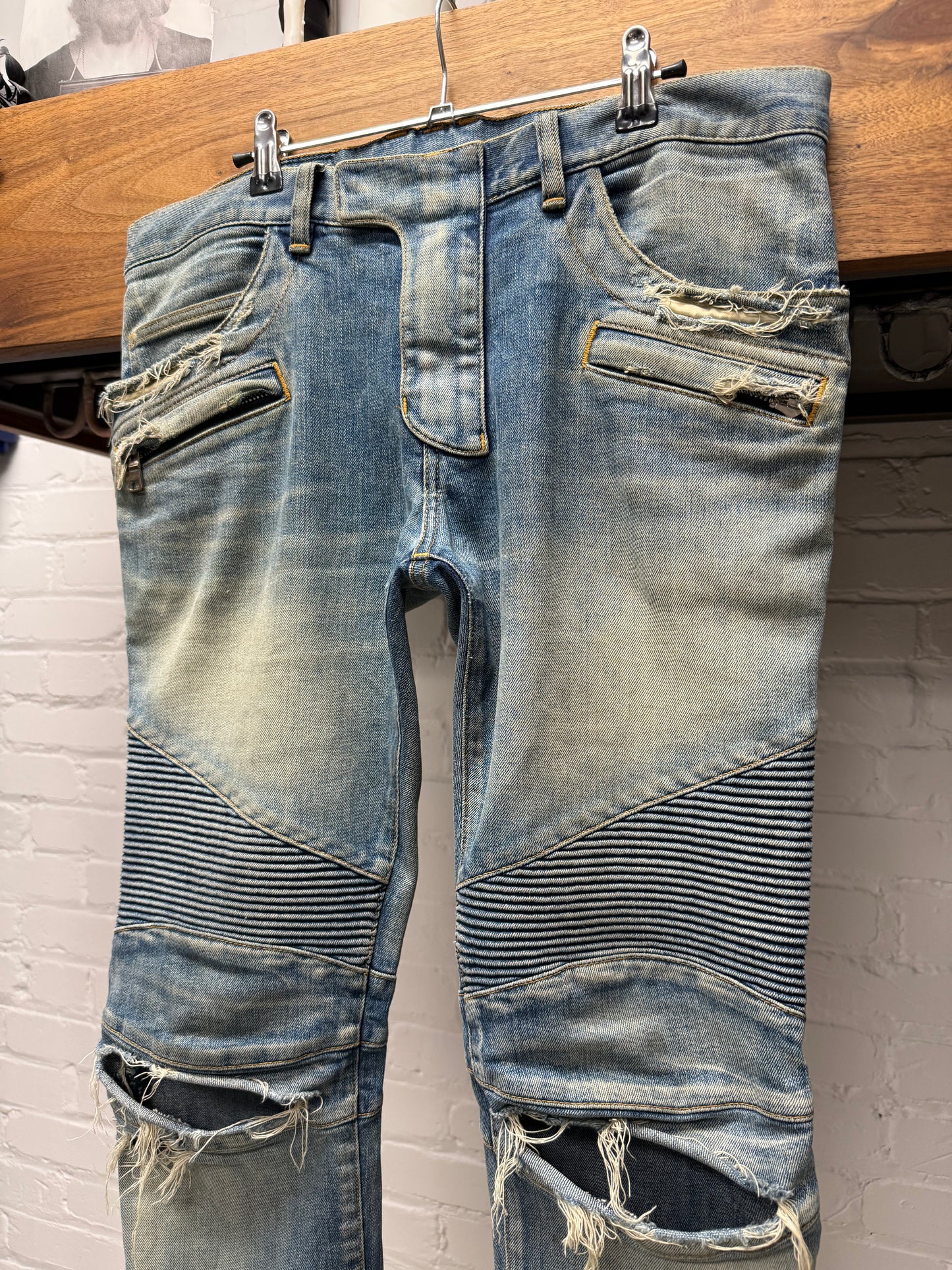 Balmain Dirt Washed Blue Distressed Biker Knee Denim