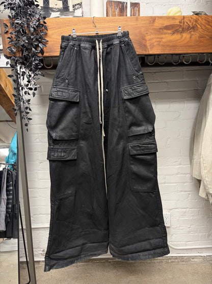 Rick Owens Waxed Black ‘CargoBela’ Wide Leg Pants