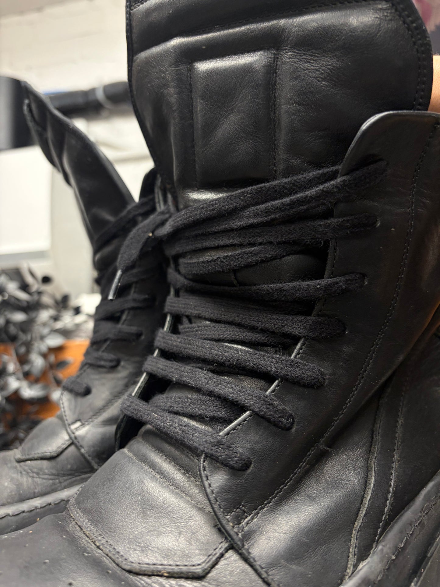 Rick Owens ‘Double Bumper’ Black Geobasket Leather High Top Sneakers
