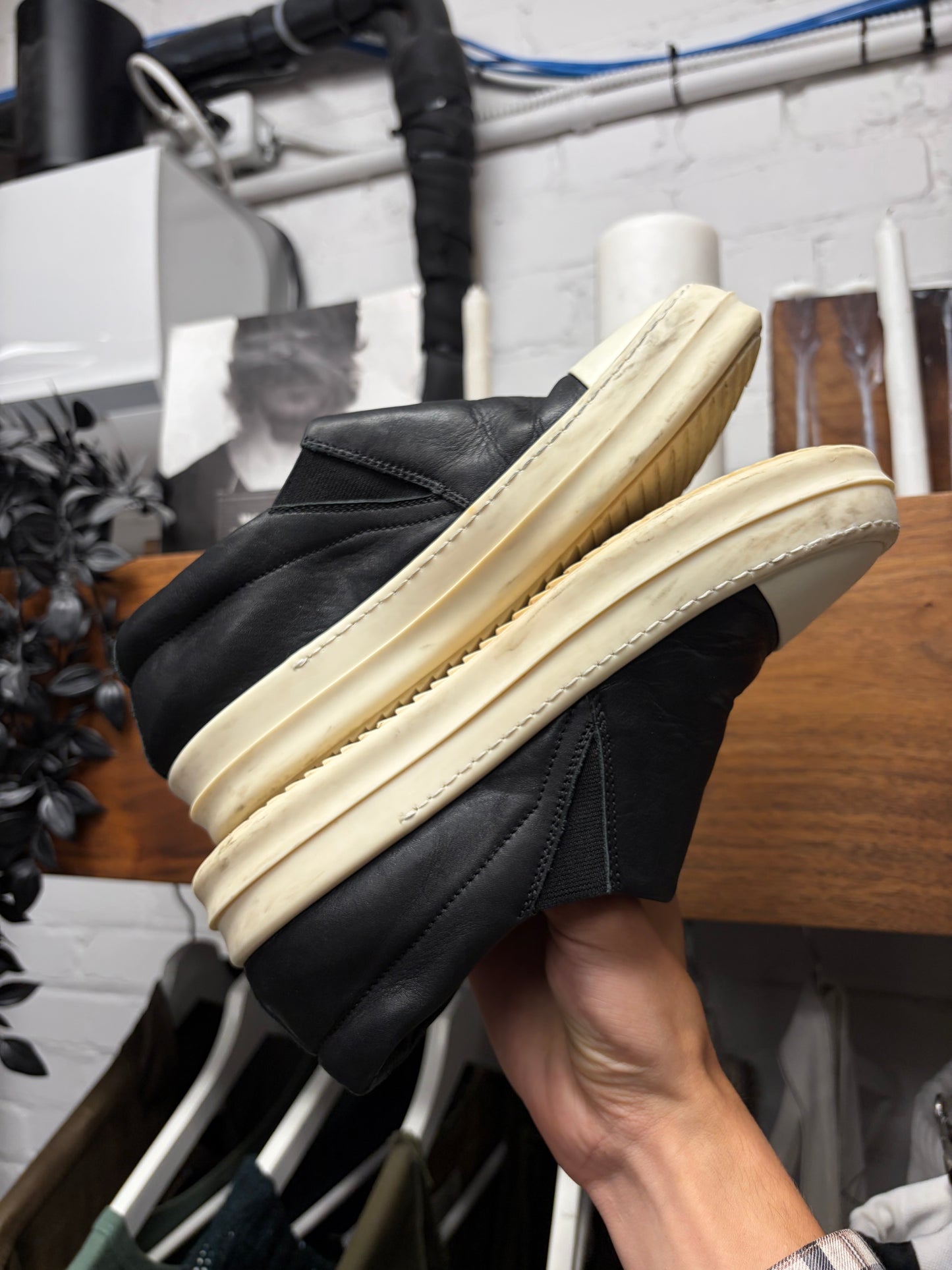 Rick Owens Black Leather Slip On Low Top Sneakers