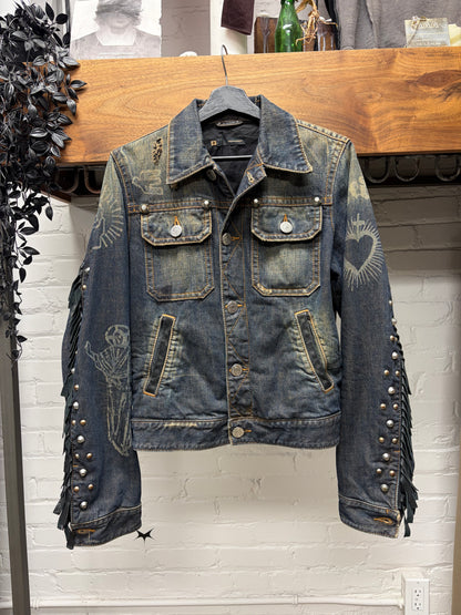 AW2005 Dsquared2 ‘Jesus Lord’ Studded Denim Trucker Jacket with Leather Fringe