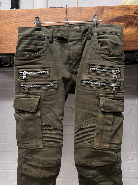 Balmain Military Green Skinny Cut Biker Denim