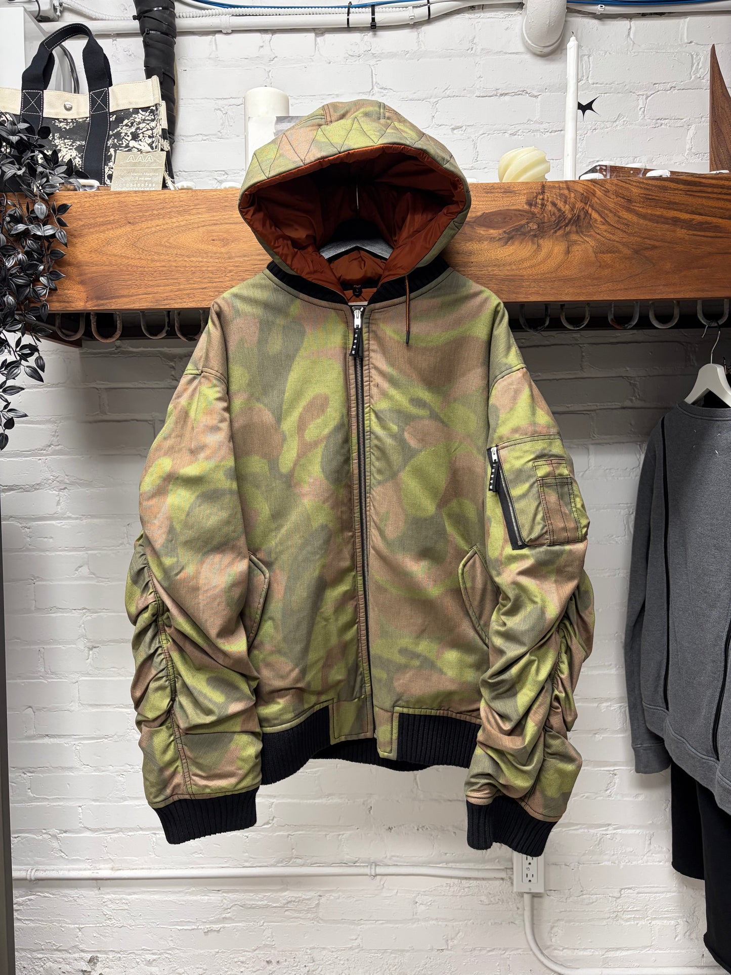 Marni ‘Dusted Olive’ Ruched Sleeve MA-1 Camo Hooded Bomber Jacket