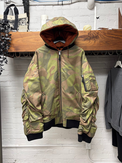 Marni ‘Dusted Olive’ Ruched Sleeve MA-1 Camo Hooded Bomber Jacket